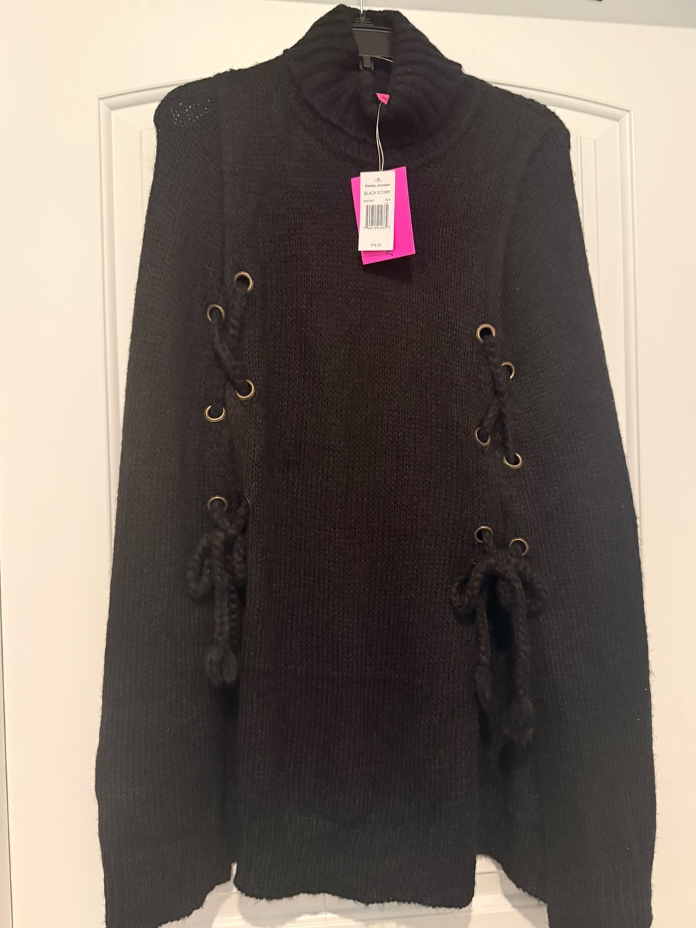 Betsey Johnson Black Lace-Up Turtleneck Sweater with Gold Eyelets